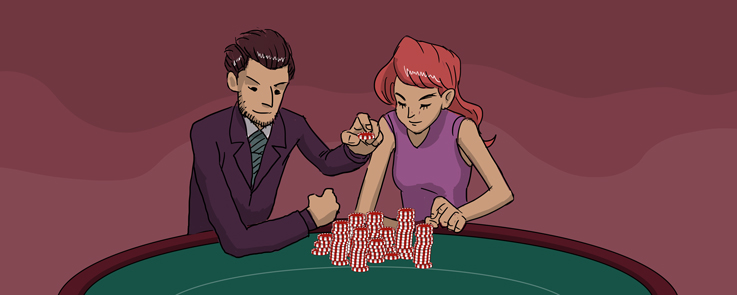 Mann und Frau platzieren Einsätze an einem Blackjack-Tisch des Casinos