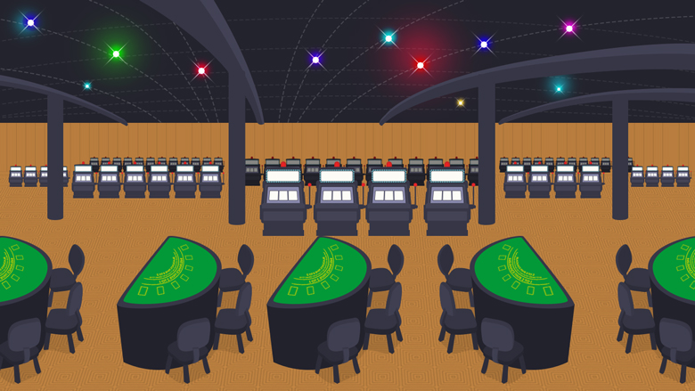 Reales Casino mit Reihen von Blackjack-Tischen und Spielautomaten