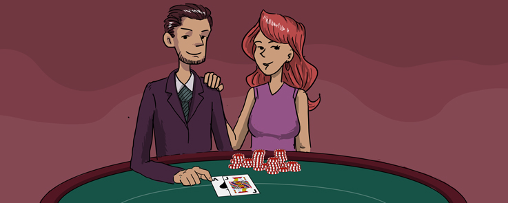 Mann und Frau sitzen in der Nähe eines Blackjack-Tisches mit Casino-Chips