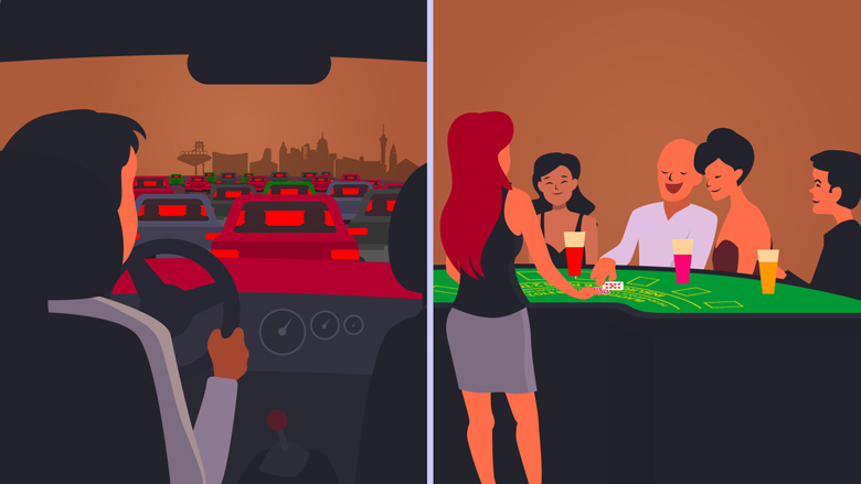 Links: starker Verkehr auf dem Weg zum Casino. Rechts: Fröhliche und lachende Menschen mit Drinks im Casino