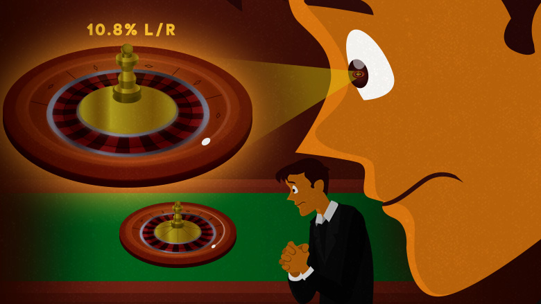 Ein Spieler verfolgt ein Roulette-Spiel. Nahaufnahme seiner Augen, die einen sich drehenden Roulette-Kessel und darüber „10.8% L/R“ zeigt